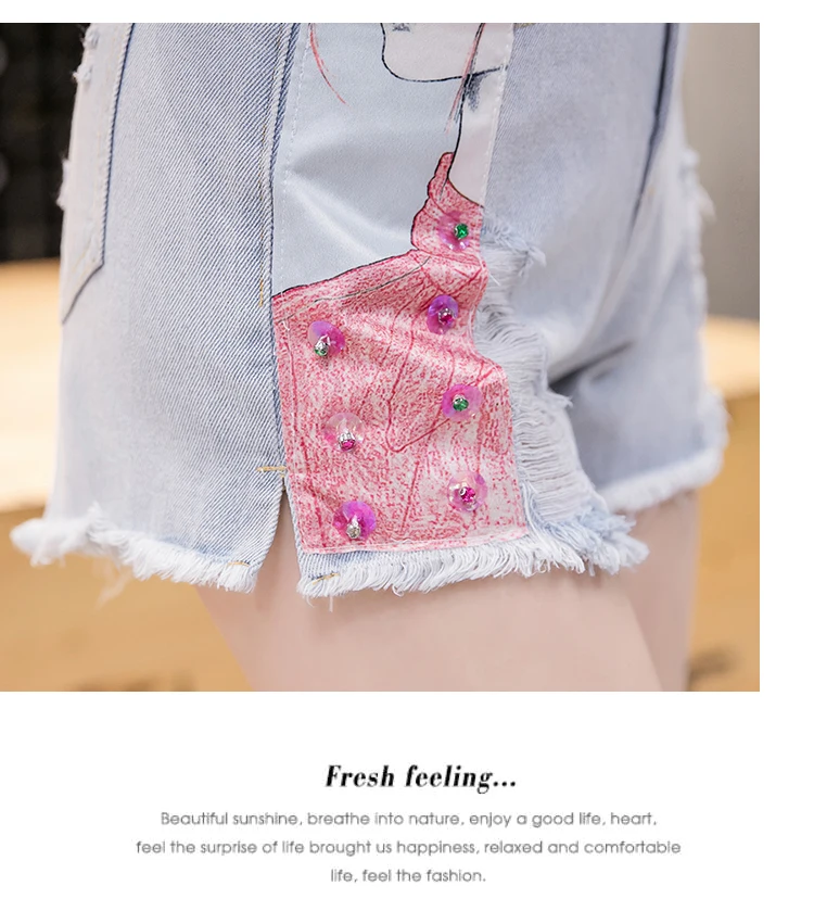 

Blue Ripped Short Jeans for Women 2021 Summer Slim High Waist Jeans Fashion StitchingPrinting Hole Frayed Denim Shorts Femme