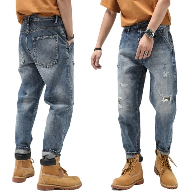 Patch Washed Ripped Jeans Men's Denim Patch Straight Loose Denim Pants Male Flanging Pant Size 28-40