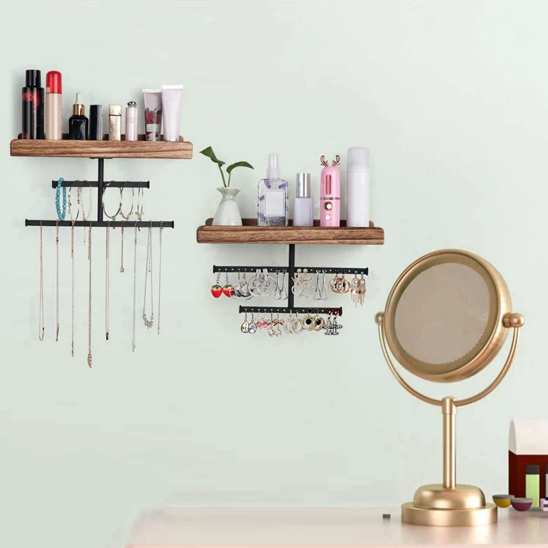 

2 Pcs Hanging Wall Mounted Jewelry Organizer Holder & 1 Pcs Jewelry Organizer Wood Basic Storage Box