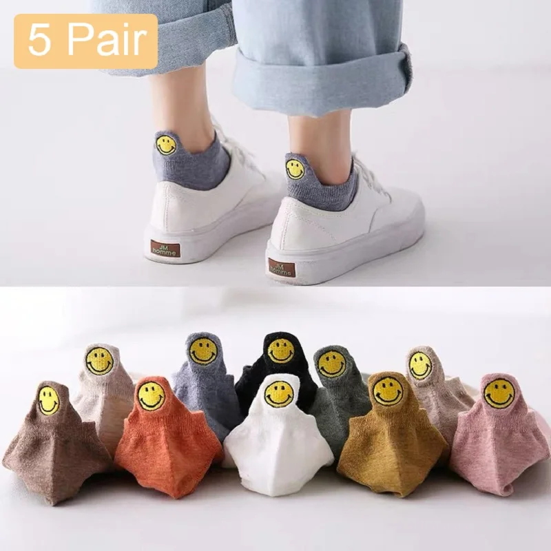 

5 Pairs Spring Summer Female Socks Japanese Lovely Smiling Face Personality Heel Embroidered Lovers Solid Cotton Ankle Socks