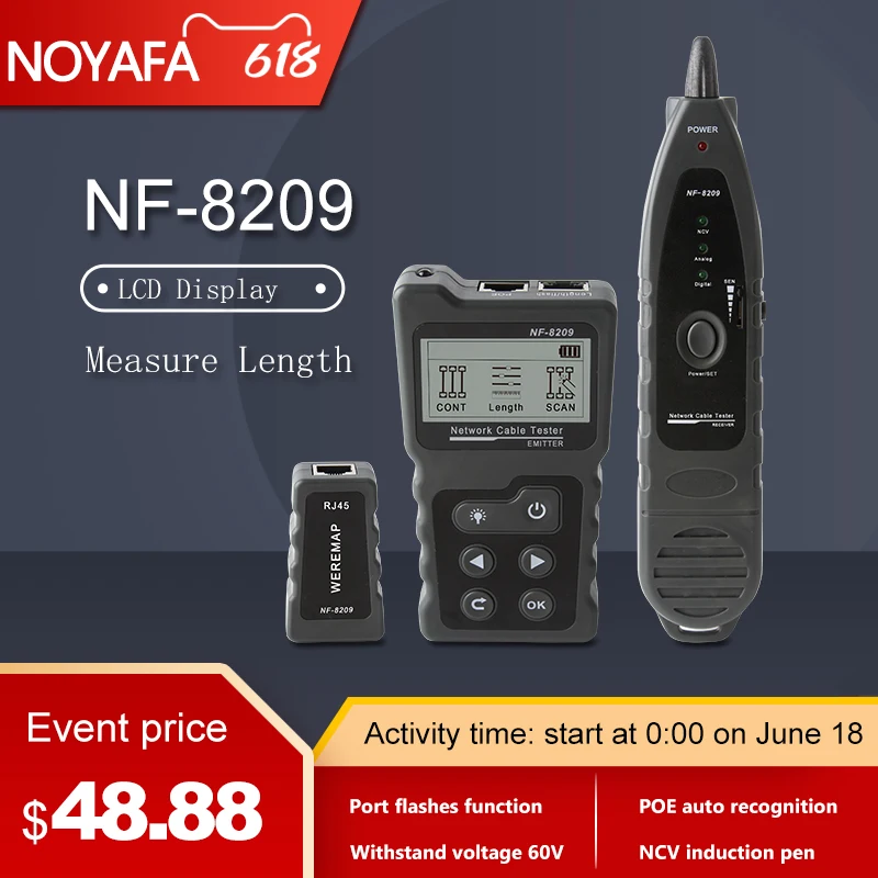 Noyafa NF 8209 Тестер кабеля Интернета ЖК дисплей измерение длины RJ45 кабельный трекер