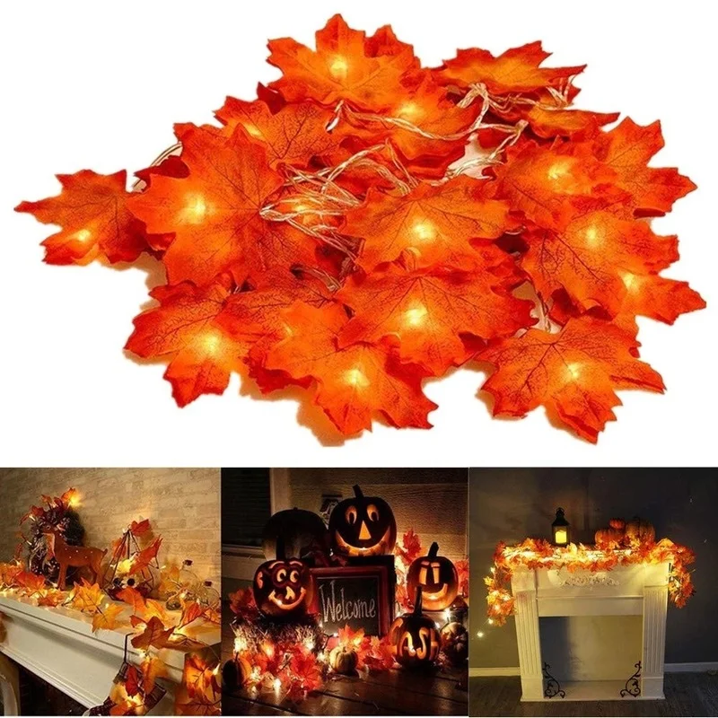 

2M 10 LED Fairy Lights Artificial Autumn Maple Leaves Fall Garland Led String Lights Thanksgiving Christmas Halloween Decoration