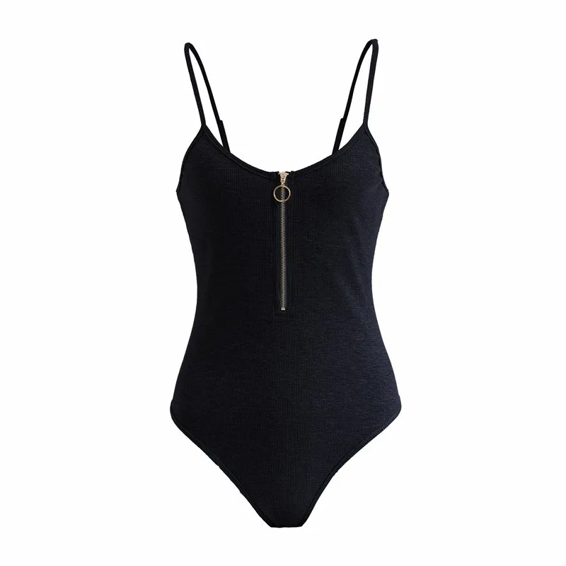 

Women Black Sleevess Zipper Up Rompers Womens Jumpsuit Casual One-pieces Bodysuits Sexy Halter Knitted Bodysuit
