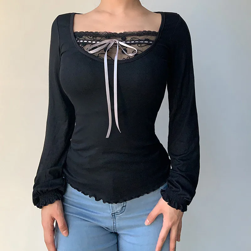 

Осенние женские футболки, винтажные кавайные кружевные сетчатые Лоскутные облегающие пуловеры с длинным рукавом, бантом, квадратным вырез...