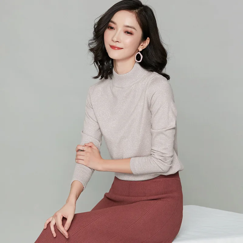 

Fashion Half Turtleneck Women's Sweatshirt Lace Sequined Long Sleeve Slim Pullover Base Shirt 2020 Fall New Women