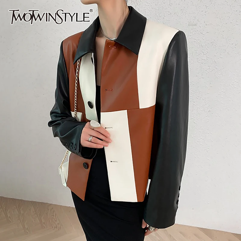 

TWOTWINSTYLE, повседневная, цветная, Лоскутная, искусственная кожа, куртки, женские, с отворотом, длинный рукав, корейская мода, свободное Женское ...