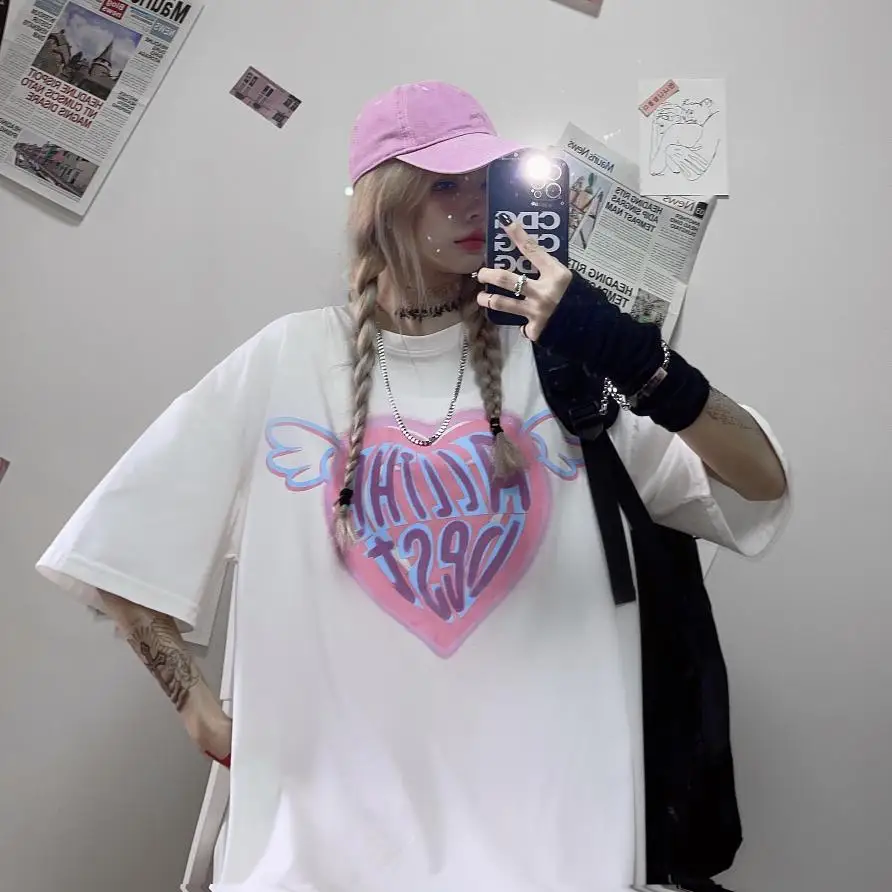 

Short Sleeve Summer Letter Women T-shirt Casual Loose Harajuku Tees Streetwear Japanese New Fun Oversize Cartoon Women Clothing