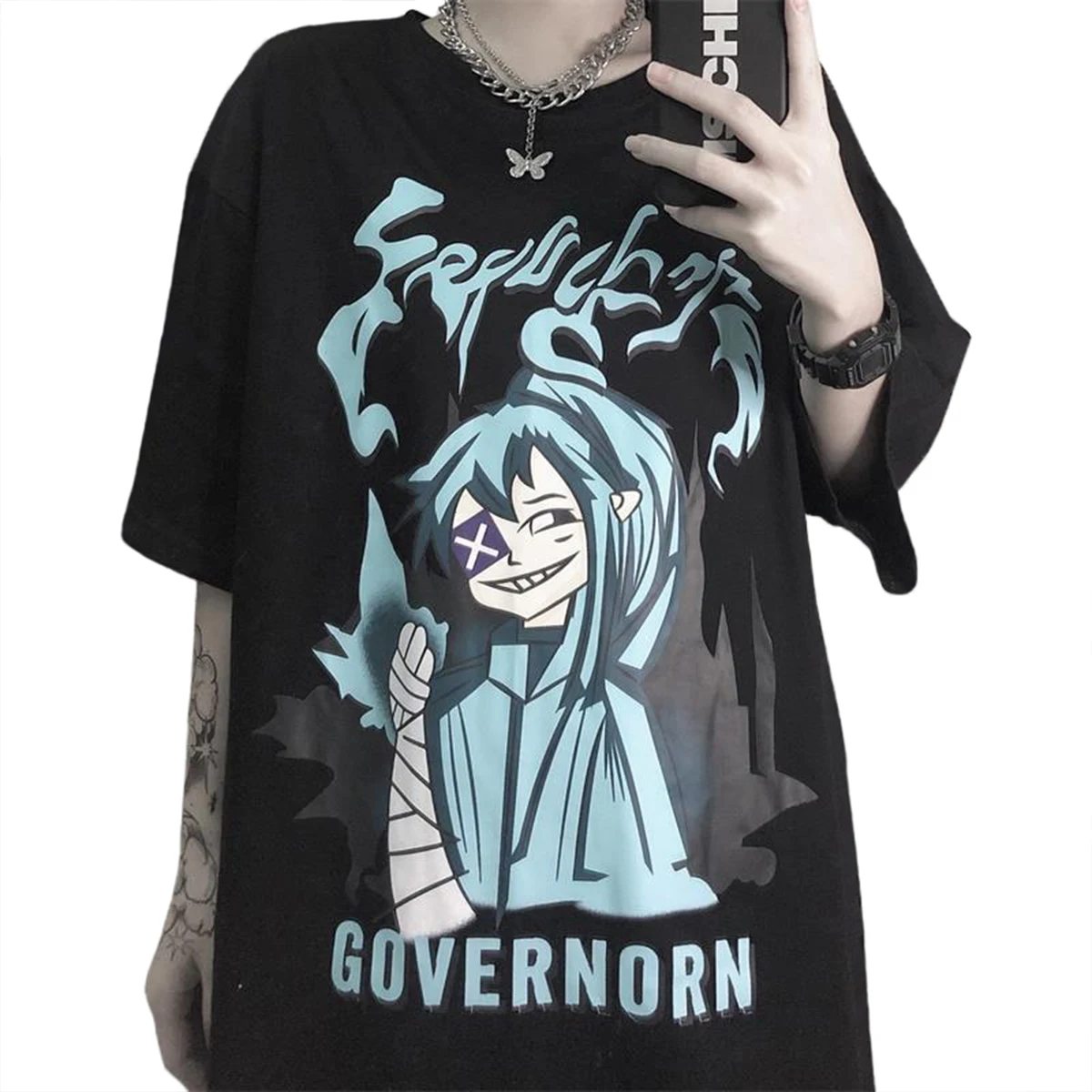 

Summer Medium Length T-Shirt Loose Girl Animation Two Dimensional Printing Tees Hip Hop Street Short Sleeve O-Neck Top2021 Ts058