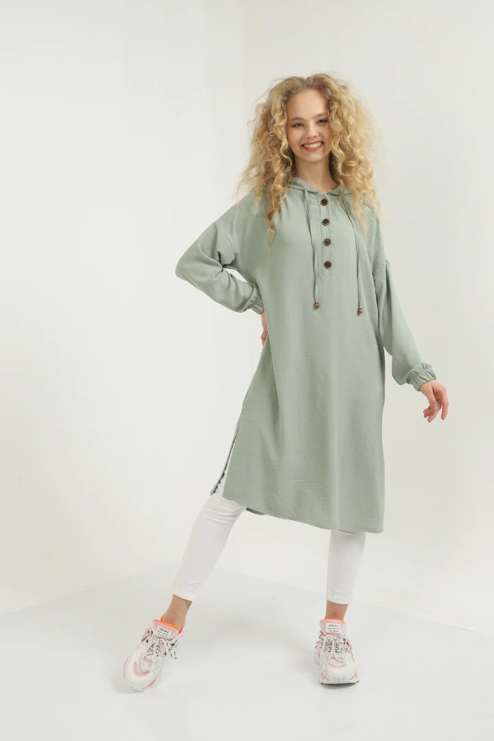 

Khaki Colar Button Hooded Tunic new season modern design long-sleeve button detail plus size stylish women's tops