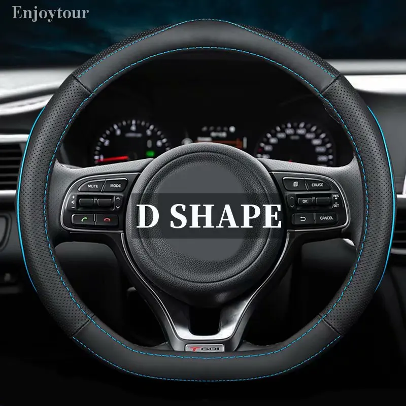 Верхний слой кожаный руль чехлы для Volkswagen VW Ameo Arteon CC Beetle Golf GTI Jetta Passat Phideon Polo Vento tiguan - Название цвета: D black with blue