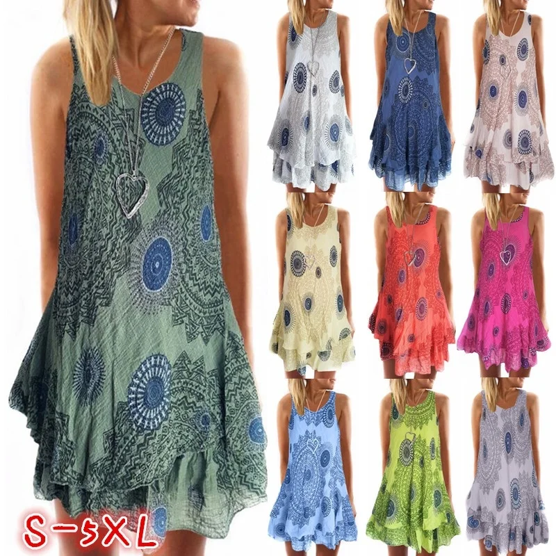 Женские платья без рукавов с цветочным принтом летнее повседневное свободное