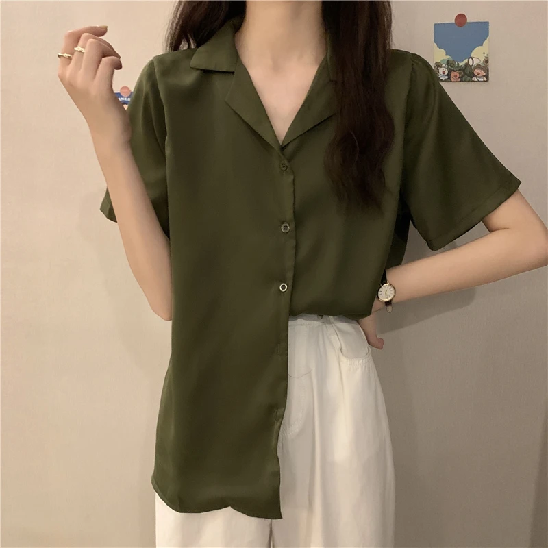 

Casual Basic Short Sleeve Blouse Women V-neck Loose Office Formal Shirt Female Fashion Blue Yellow Cardigan Tops