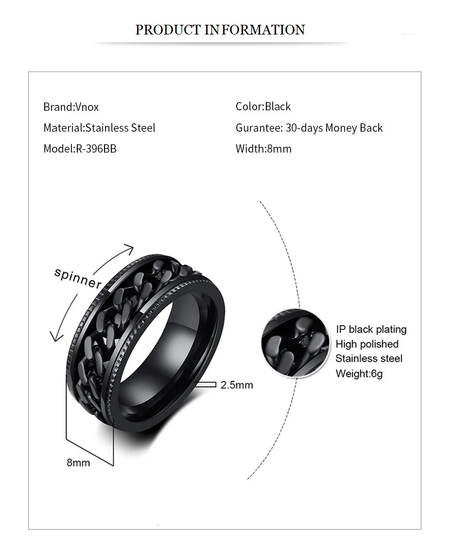 Vnox стильные мужские s Spinner Кольца 8 мм из нержавеющей стали переплетенные кольца для мужчин Центральная цепь Anel Alliance черный/синий/серебристый