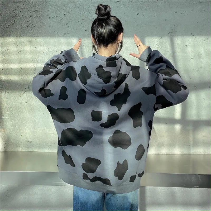 

Autumn Winter Oversized Sweatshirts Women Korean Harajuku Hooded Cow Pattern Printed Drop Shoulder Loose Hoodies for Student