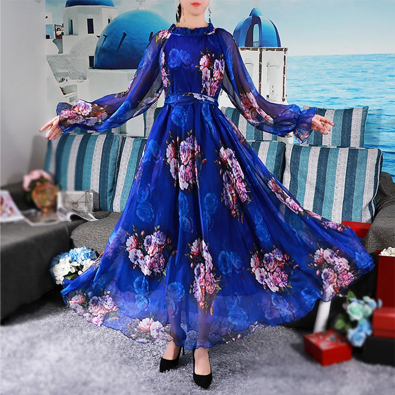 Платье Макси женское шифоновое с ярким цветочным принтом повседневное пляжное