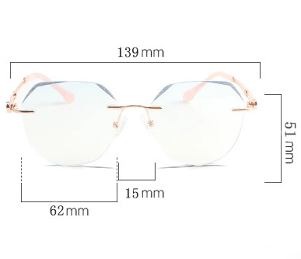 

Anti Blu Ray Women New Fashion Outdoor Crystal Decorated Ultralight Rimless Polygon Frame eyeglasses