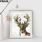 Фон с изображением лесных животных оленей, зимних Падуба, ягод, рождественское праздничное украшение, постер, настенное искусство, Картина на холсте, фермерский Декор