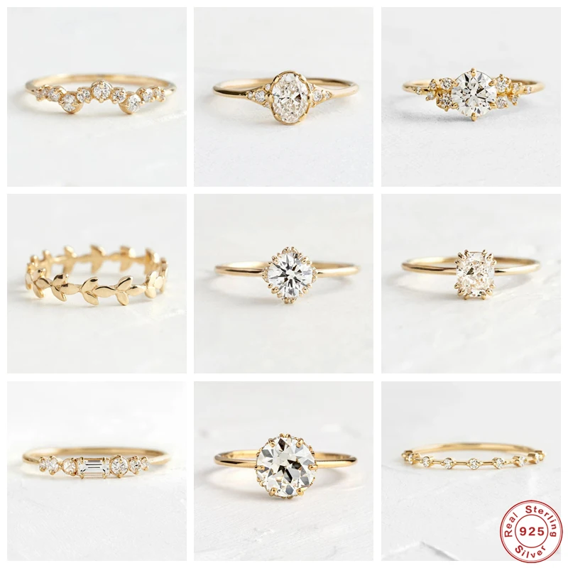 

Aide 925 Sterling Silver Gold Single Round Zircon Crystal Rings Women Cubic Zirconia Jeweled Leaf Loop Wedding Engagement Ring