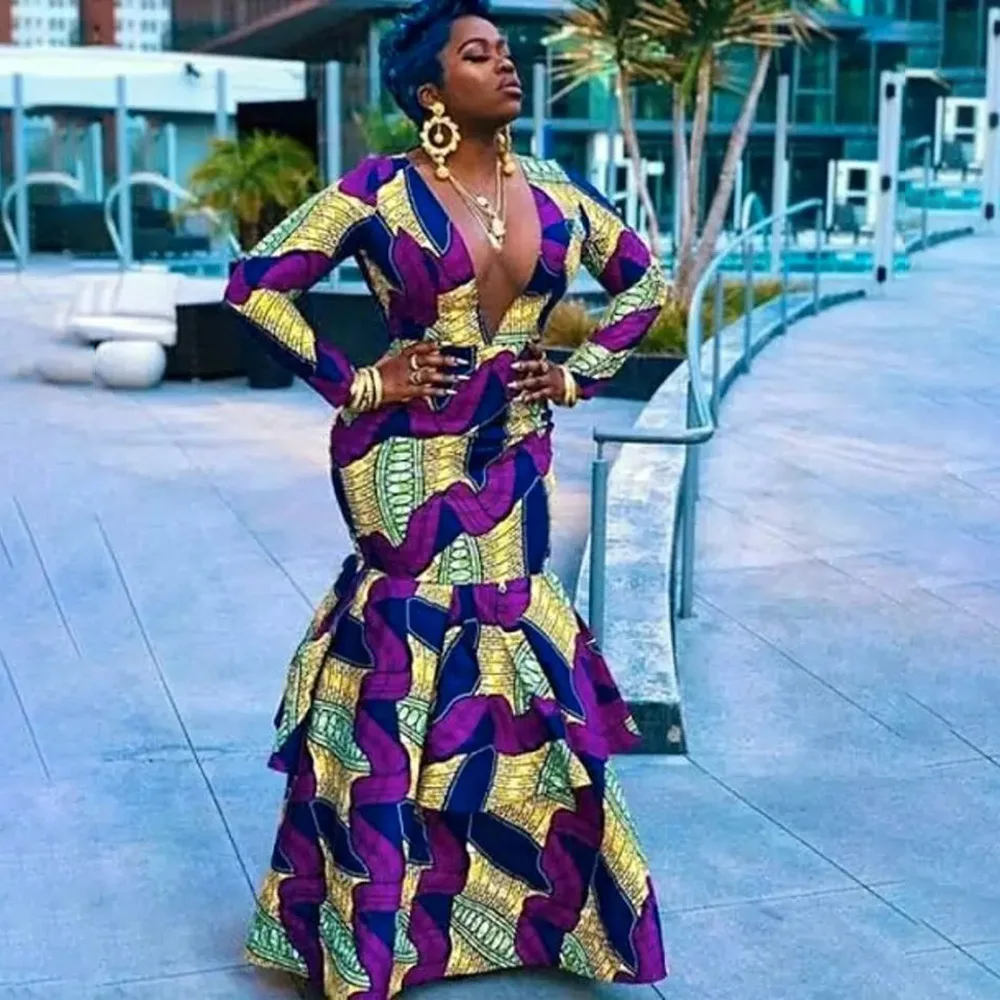 

African Women Maxi Dresses Fashion Print Color Block Flare-Sleeve Female Bodycon Long Sleeve Evening Party Dress 2022 New Year