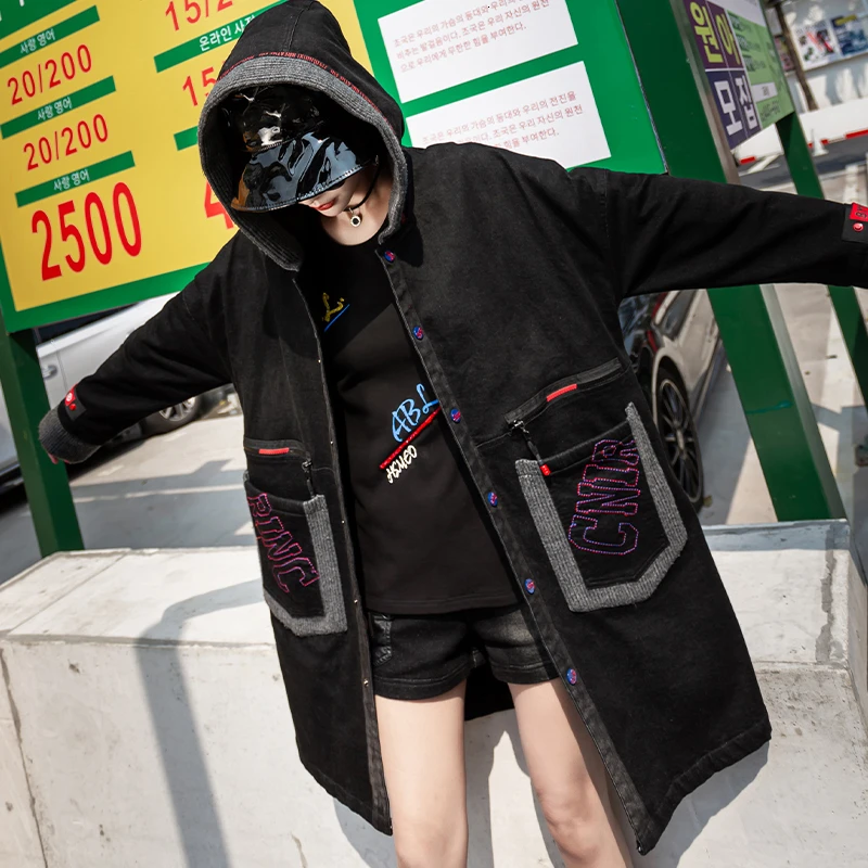 Женское джинсовое пальто Max LuLu Черное длинное с капюшоном в Корейском стиле