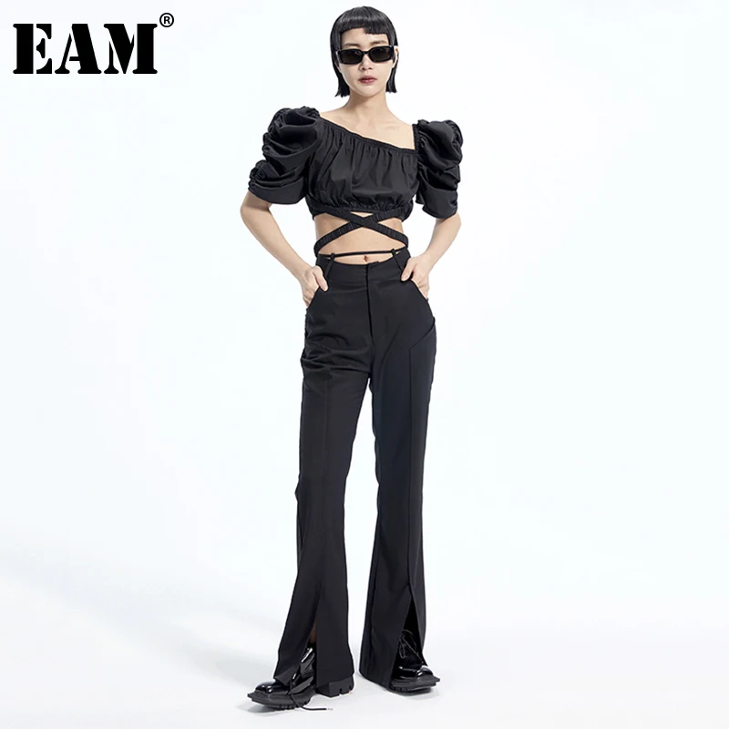 

[EAM] High Waist Black Bandage Hem Slit Long Flare Trousers New Loose Fit Pants Women Fashion Tide Spring Summer 2021 1DE0609
