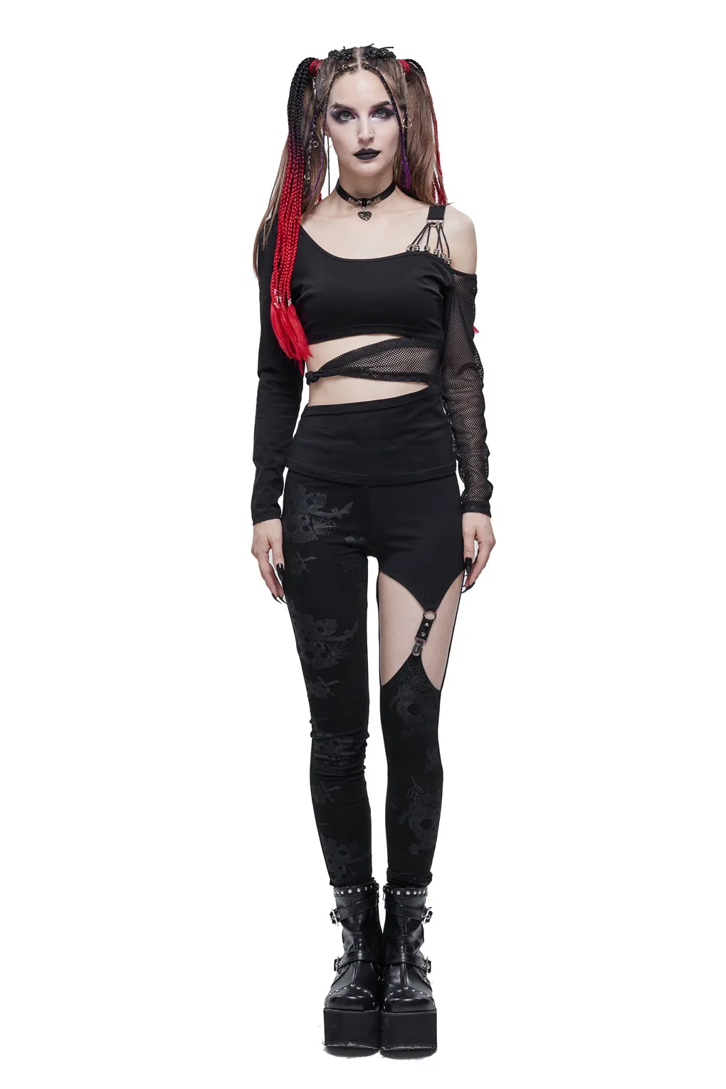 

2021 Goth Punk One-Shoulder Lace Sleeve Cut-Out Short Blouse