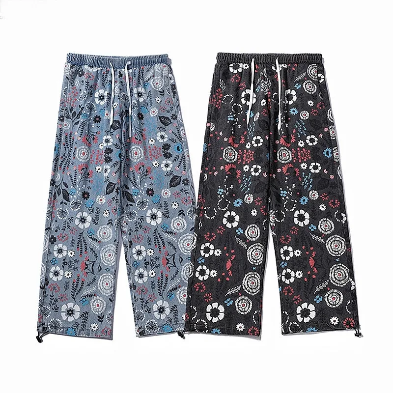 Men's Floral Graffiti Jeans For Man Fashion Brand Casual Drawstring Trousers Male Japanese Streetwear Harajuku Denim Loose Pants
