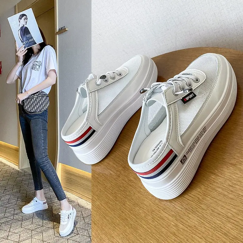 

Новинка лета 2021, дышащие сетчатые полутапочки, женская обувь, модная верхняя одежда, Белая обувь на толстой подошве без каблука