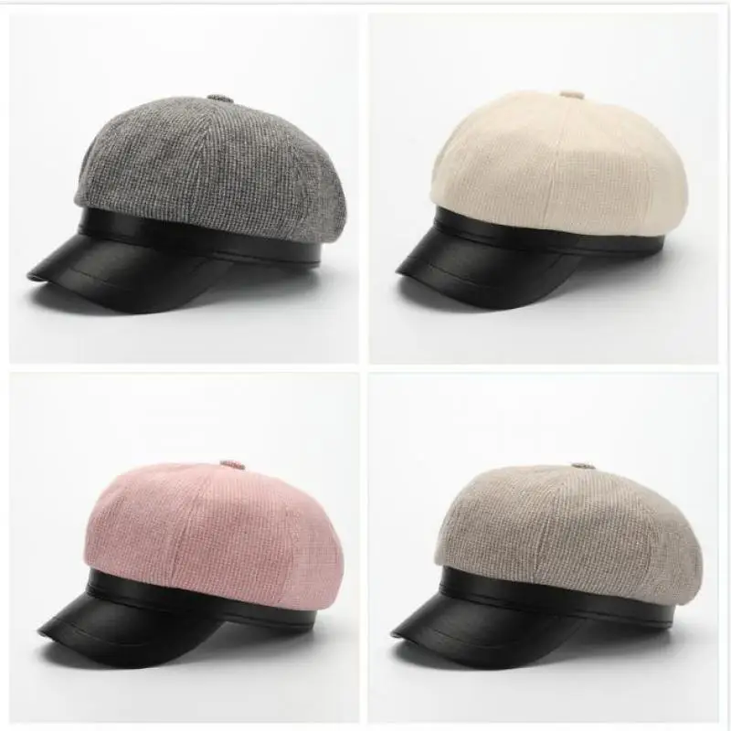 

YQYXCY Vintage Hats For Women Leather Brim Octagonal Hat Casual Beret Autumn Winter Cap British Retro Hat Women Ladies Hats