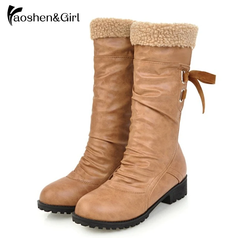 Haoshen& Girl/ботинки до середины икры из PU искусственной кожи с меховой подкладкой зимняя обувь женская повседневная обувь на плоской подошве зимние ботинки обувь на шнуровке Размер 10,5, 34-43