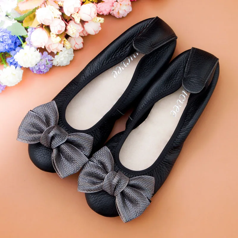 

Балетки женские из натуральной кожи, без застежек, с бантом, большие размеры 34-44