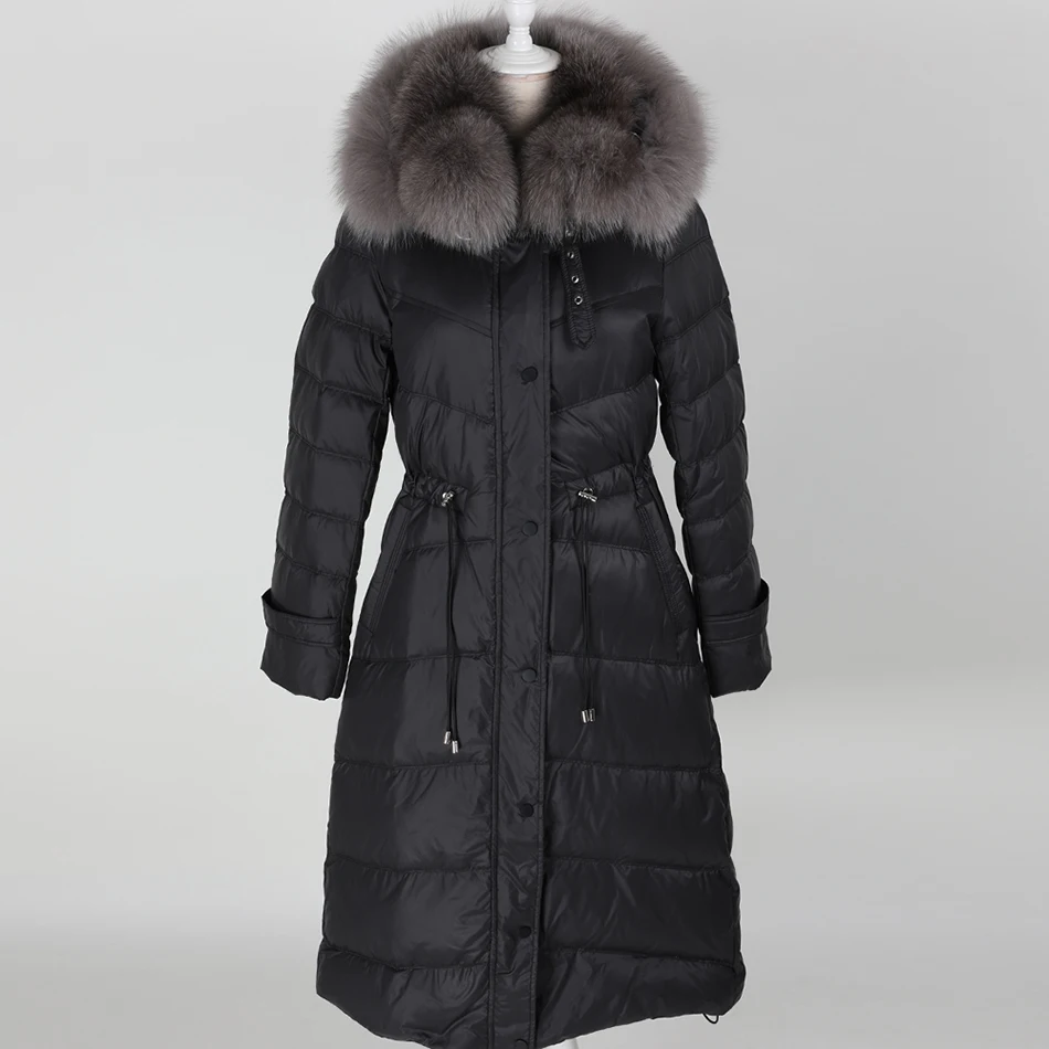 Модная женская одежда пуховик с большим меховым воротником из лисьего меха