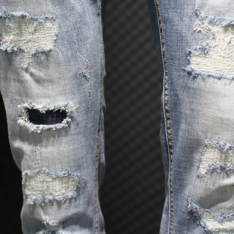 

Fashion Mens Hole Ripped Slim Fit Jeans Korean Spliced Denim Pencil Pants Long Trousers Man Casual Cowboy Pants Streetwear Jeans