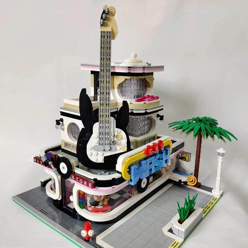 

2168Pcs Modular Building The Guitar Shop With Light Features Street View Highly Authentic Detailing Creative Toys For Children