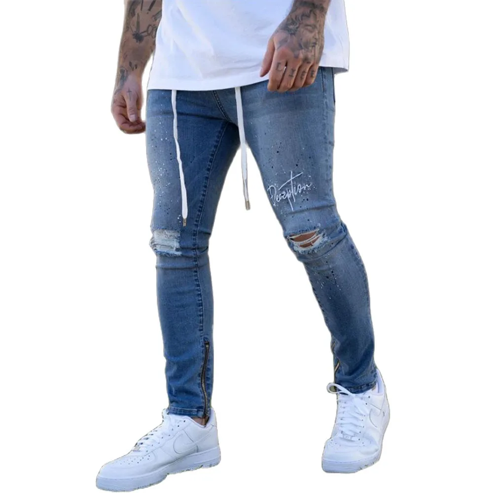 

Модная обувь в стиле хип-хоп скинни джинсы для мужчин рваные джинсы с дыркой на колене уличная джинсовые брюки-карандаш, буква s джинсы с при...