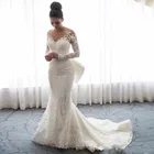 Женское свадебное платье с юбкой-годе, Прозрачное платье с длинным рукавом, круглым вырезом, кружевной аппликацией и пуговицами, роскошное платье невесты со съемным шлейфом и бантом, 2021