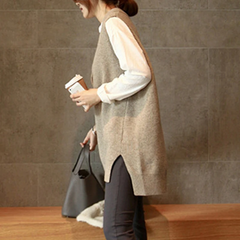 Пуловер женский Осень-зима вязаный без рукавов с V-образным вырезом теплый