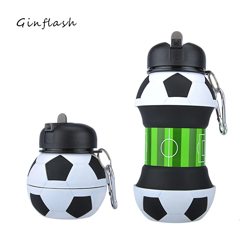

Football Soccer Silicone Water Bottle with Straw Foldable Collapsible Travel non-toxic Bottles Innovating Camping 550ml