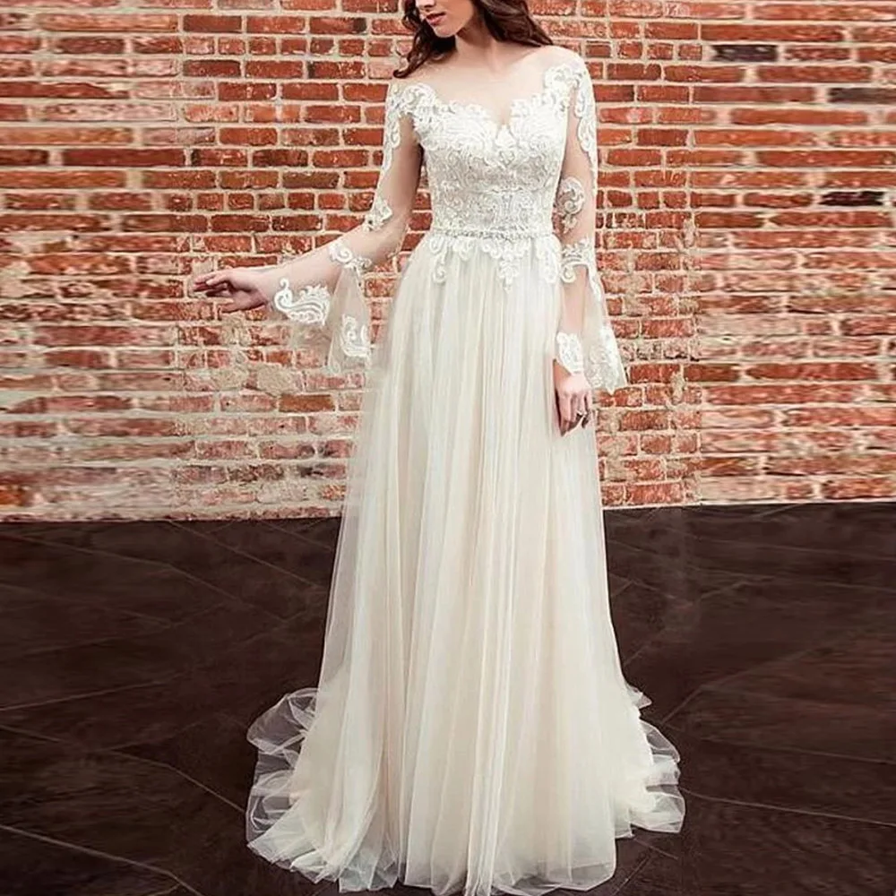 

Glamorous A Line Wedding Dress Lace Long Sleeve See Through Bridal Gown Scoop Neckline Covered Button Sweep Train Tulle