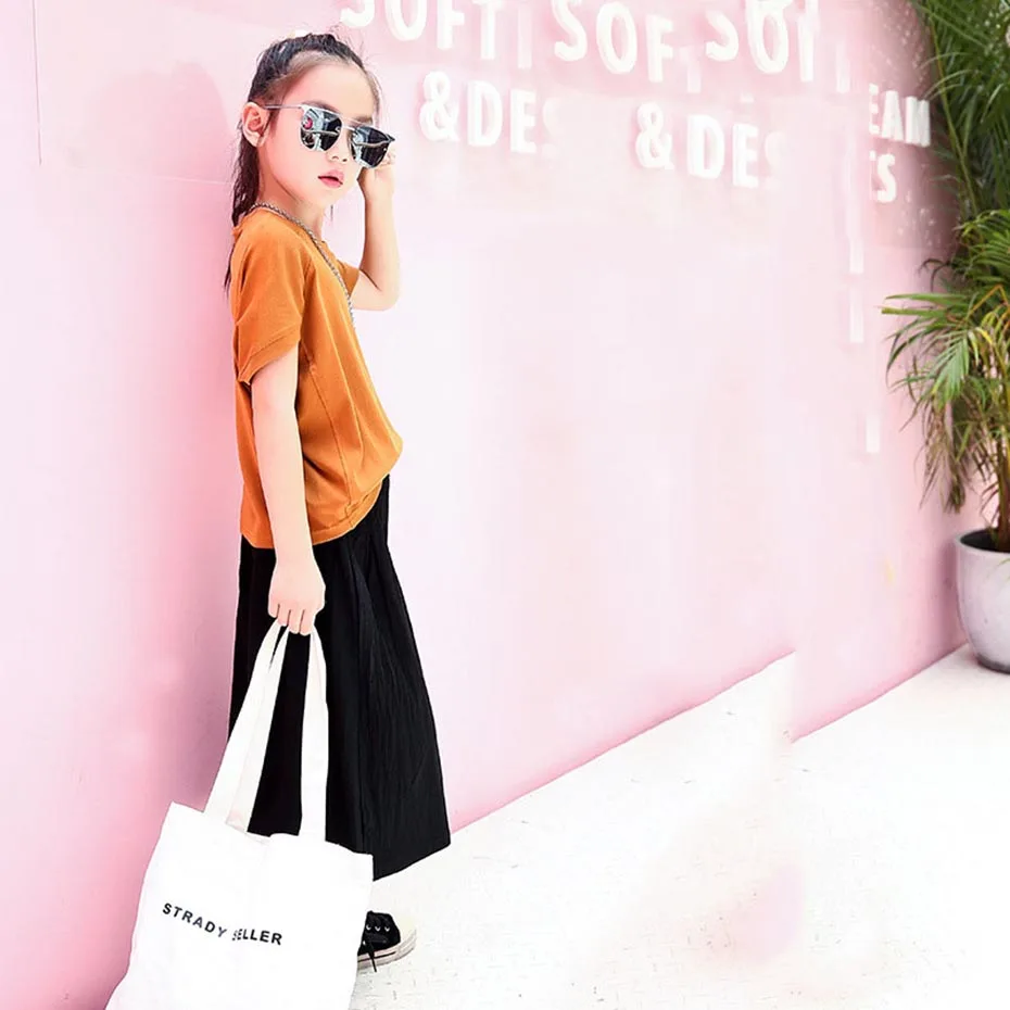 Костюм для девочек Однотонная футболка + штаны Повседневная стильная детская