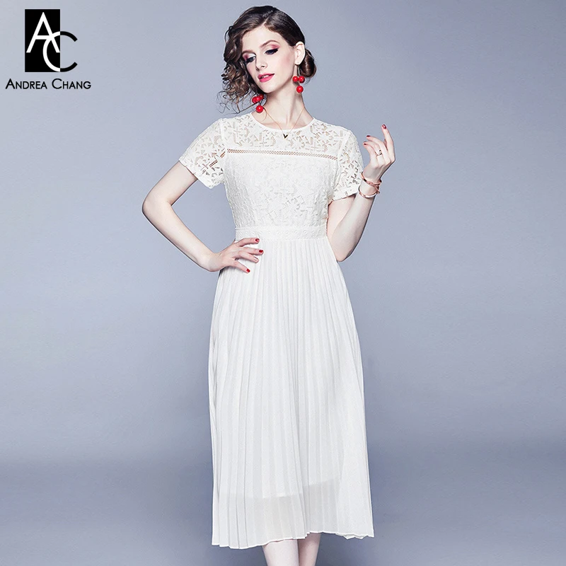 Женское платье с кружевным верхом плиссированное коротким рукавом и круглым