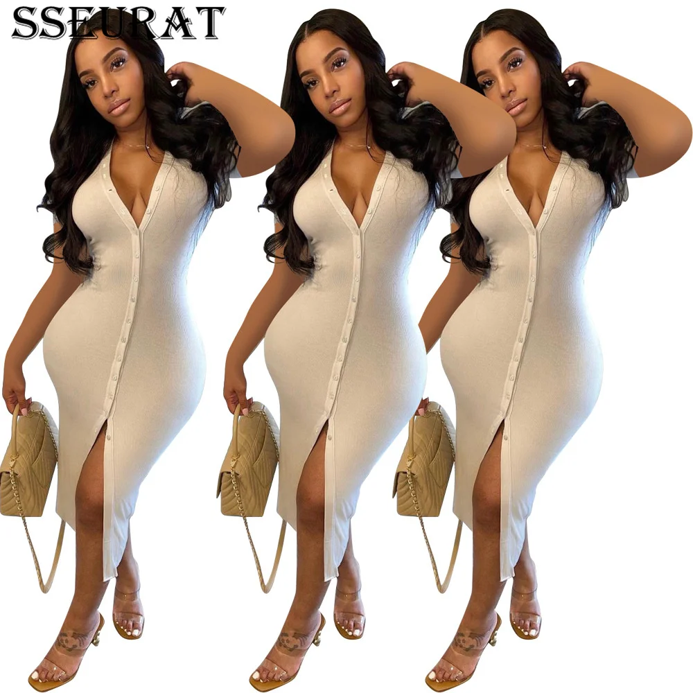 

SSEURAT Women Summer Solid Bodycon Dress Classic Fashion Sheath Elastic Pencil Night Club Dresses
