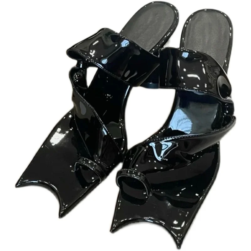 

European and American Style Open-toed Slippers Summer Personality Patent Leather Flip-flops Special-shaped High-heeled Slippers