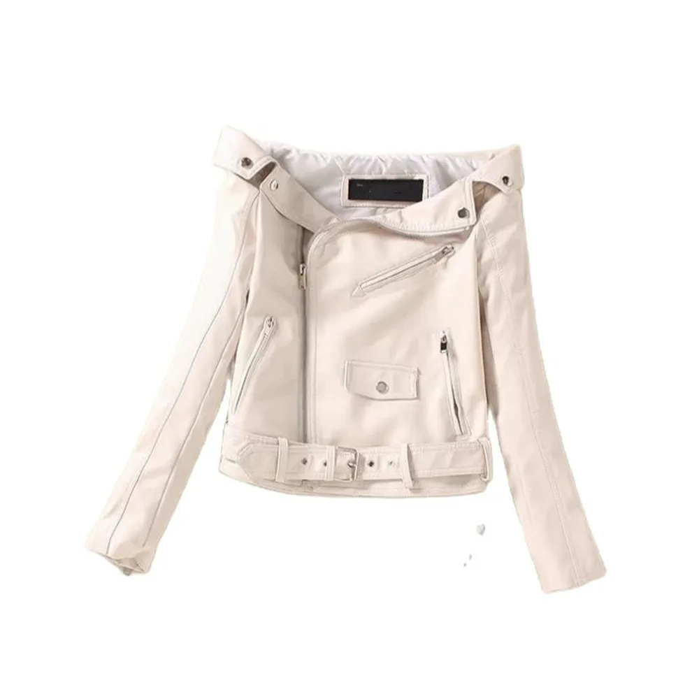 

Autumn Leather Coats Female White Pu Jacket Slim Pu Motorcycle Coat Chaqueta De Moto Woman Strapless Leather Veste Pu Jackets