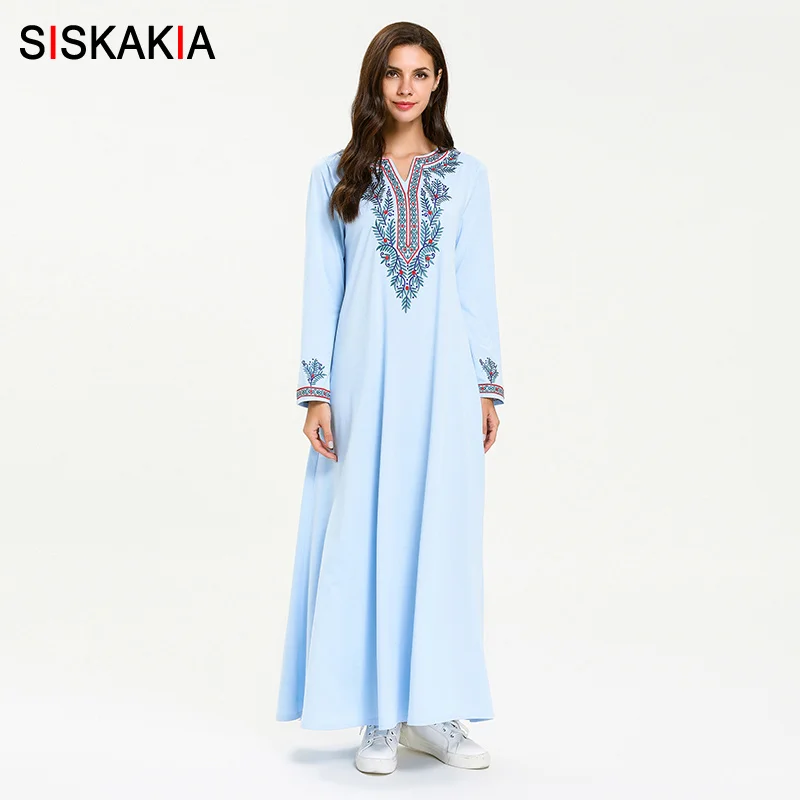 Light Blue dress Siskakia, Цветочная вышивка, этническое длинное платье, элегантное, длинный рукав, макси платья размера плюс, повседневная женская одежда, осень, новое красное - Цвет: Light Blue dress