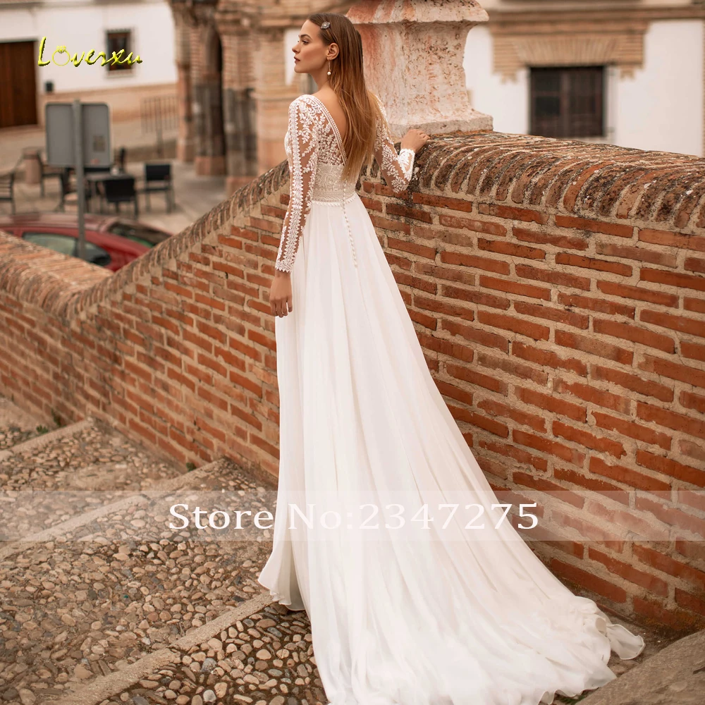 

Loverxu Vestido De Noiva V Neck Long Sleeve Beach Wedding Dresses 2021 Sexy Backless Appliques Sweep Train Tulle Bridal Gown