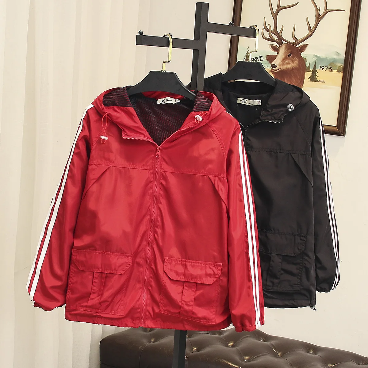 Куртка женская с капюшоном модный Свободный Топ в двойную белую полоску длинным