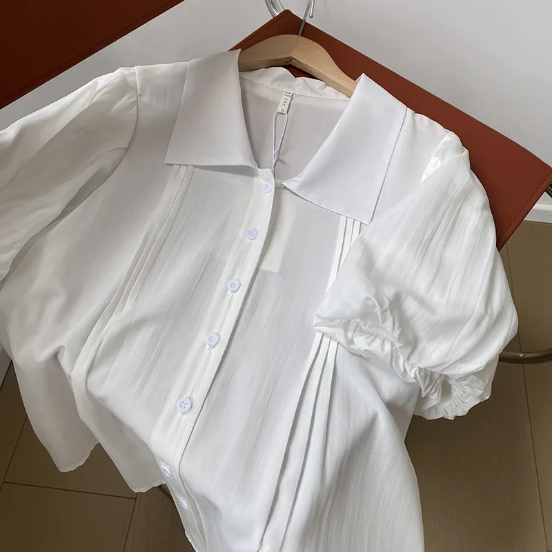 

White Bubble Sleeve Shirt Female 2021 Summer Elegant Short Sleeve Tops Blouse