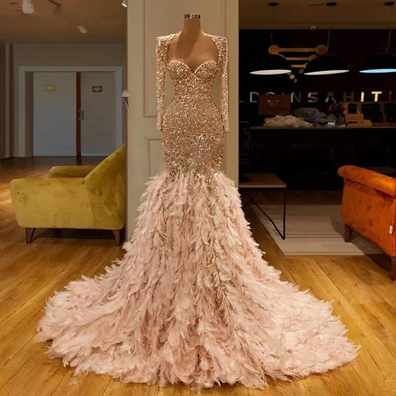 Золотой Блестящие Роскошные платья с перьями для выпускного вечера Robe de soiree милое вечернее платье с длинным рукавом из Саудовской Аравии - Цвет: Золотой