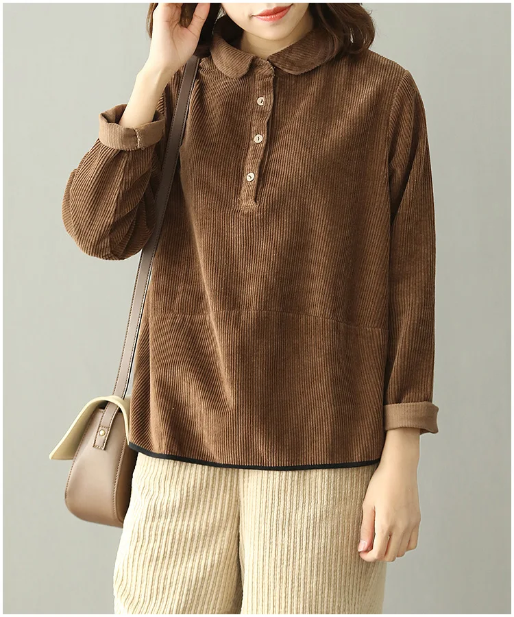 Autumn Winter Women Corduroy Shirts Button Peter Pan Collar Long Sleeve All-Match Solid Color Tops Blouses Female Sleeved | Женская
